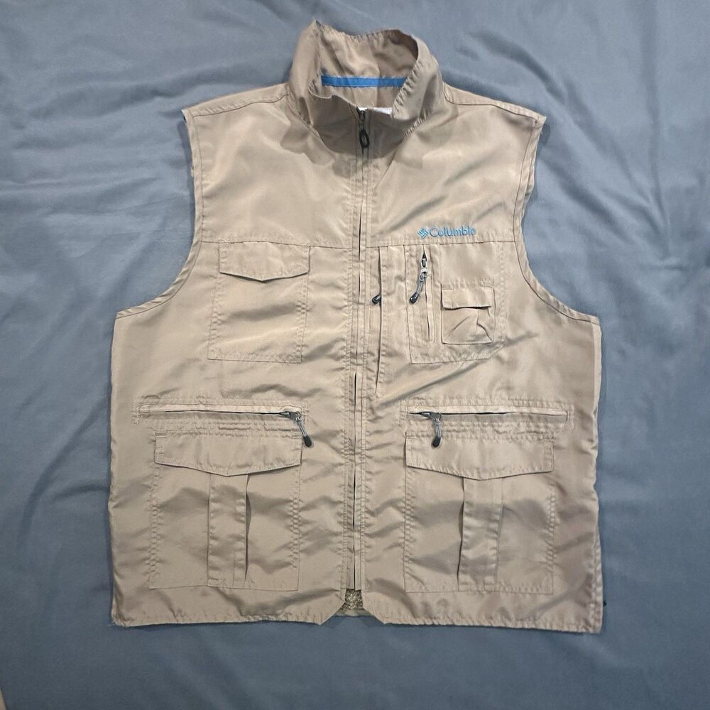 Columbia Fishing Vest Mens XL Tan Vented Utility Hiking Pockets Omni Shield
